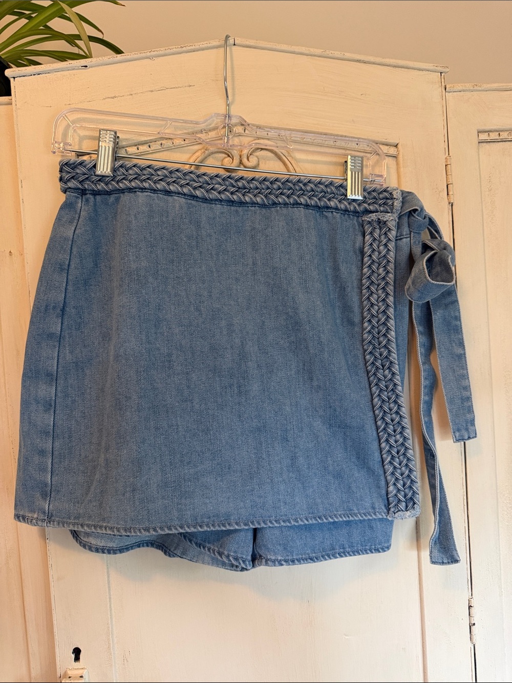 Braided-Waist Denim Skort in Light Blue